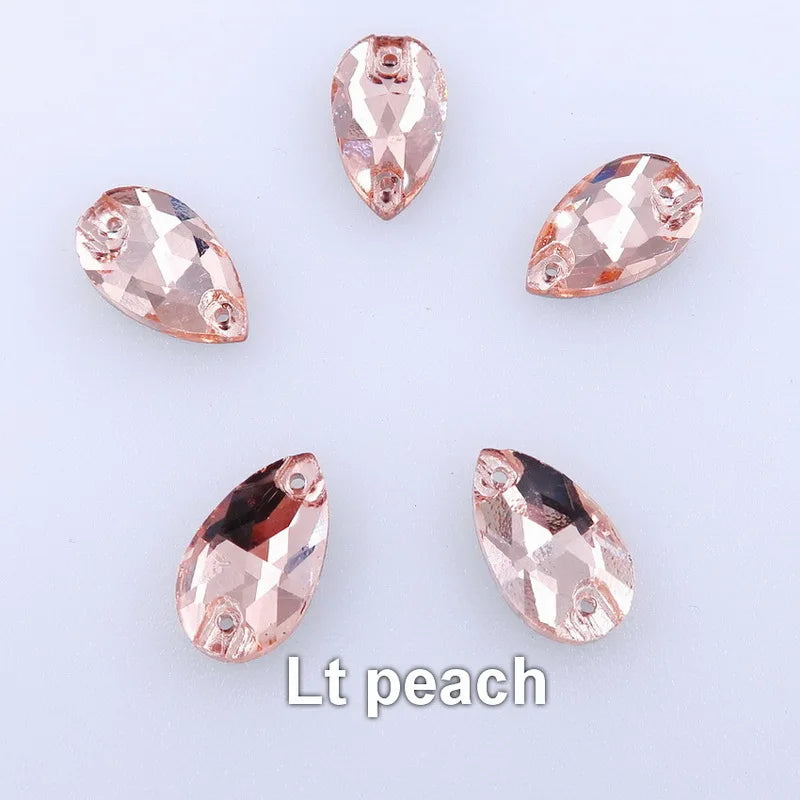 Slim waterdrop shape glass crystal Flatback with two holes 3 sizes colors mix sew on Crystal beads wedding dress diy trim