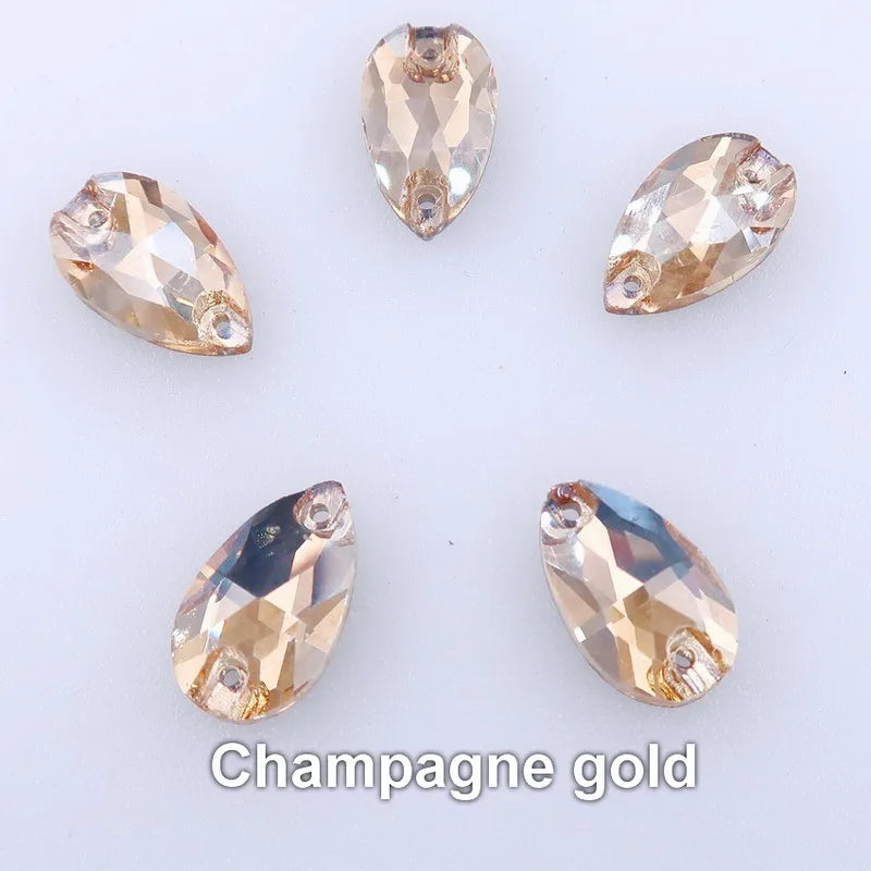 Slim waterdrop shape glass crystal Flatback with two holes 3 sizes colors mix sew on Crystal beads wedding dress diy trim