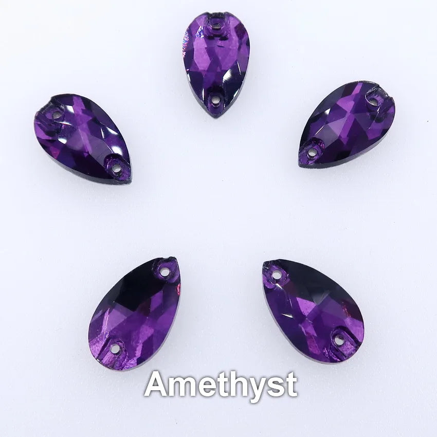 Slim waterdrop shape glass crystal Flatback with two holes 3 sizes colors mix sew on Crystal beads wedding dress diy trim