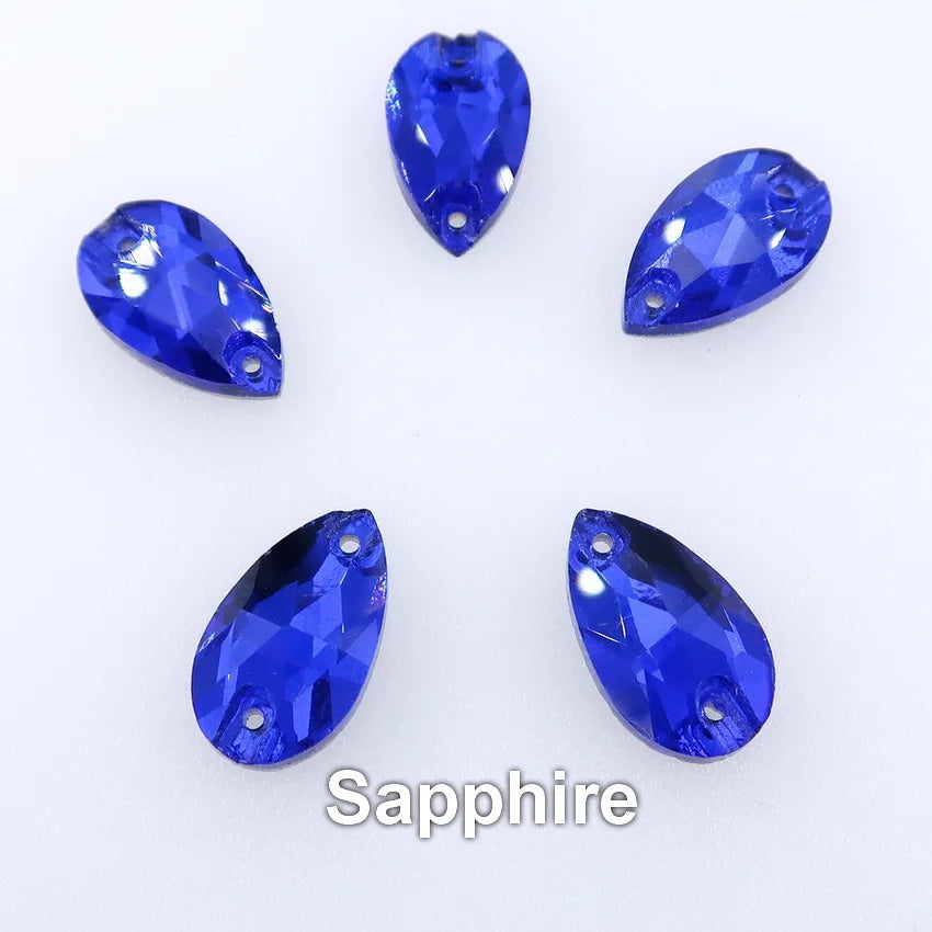 Slim waterdrop shape glass crystal Flatback with two holes 3 sizes colors mix sew on Crystal beads wedding dress diy trim