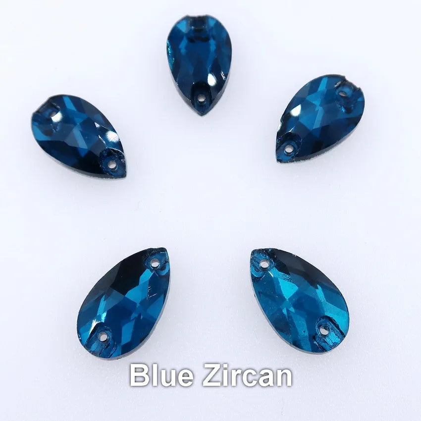 Slim waterdrop shape glass crystal Flatback with two holes 3 sizes colors mix sew on Crystal beads wedding dress diy trim