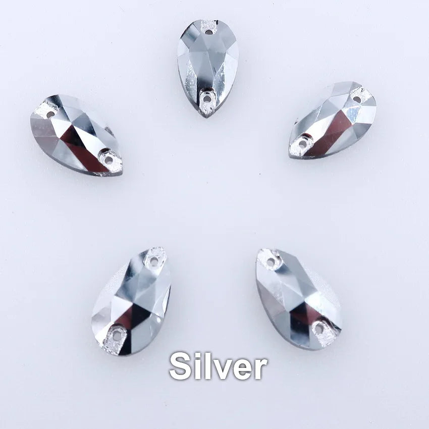 Slim waterdrop shape glass crystal Flatback with two holes 3 sizes colors mix sew on Crystal beads wedding dress diy trim