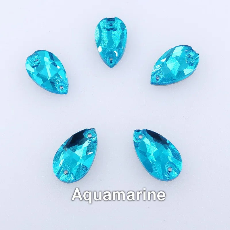 Slim waterdrop shape glass crystal Flatback with two holes 3 sizes colors mix sew on Crystal beads wedding dress diy trim