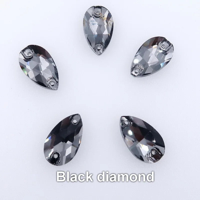Slim waterdrop shape glass crystal Flatback with two holes 3 sizes colors mix sew on Crystal beads wedding dress diy trim