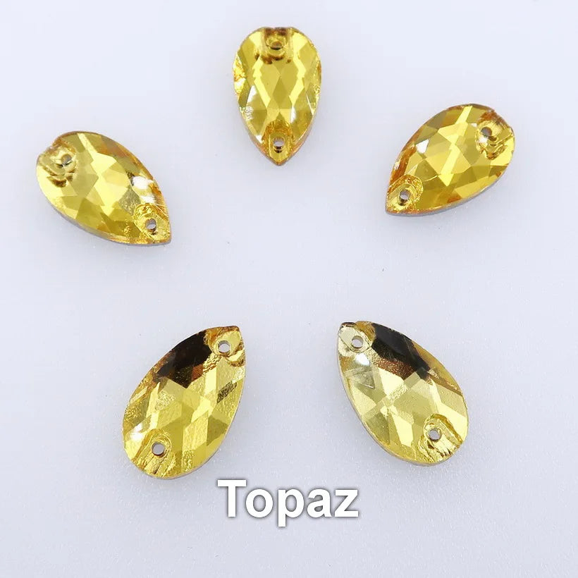 Slim waterdrop shape glass crystal Flatback with two holes 3 sizes colors mix sew on Crystal beads wedding dress diy trim