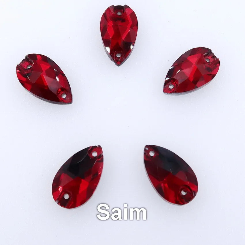 Slim waterdrop shape glass crystal Flatback with two holes 3 sizes colors mix sew on Crystal beads wedding dress diy trim