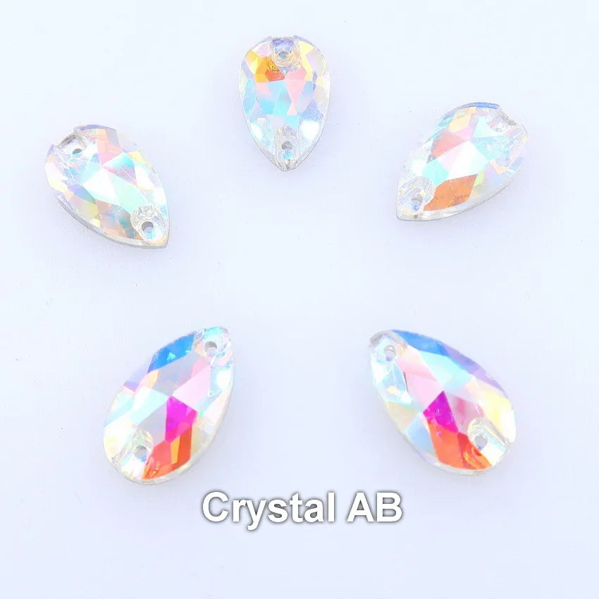 Slim waterdrop shape glass crystal Flatback with two holes 3 sizes colors mix sew on Crystal beads wedding dress diy trim