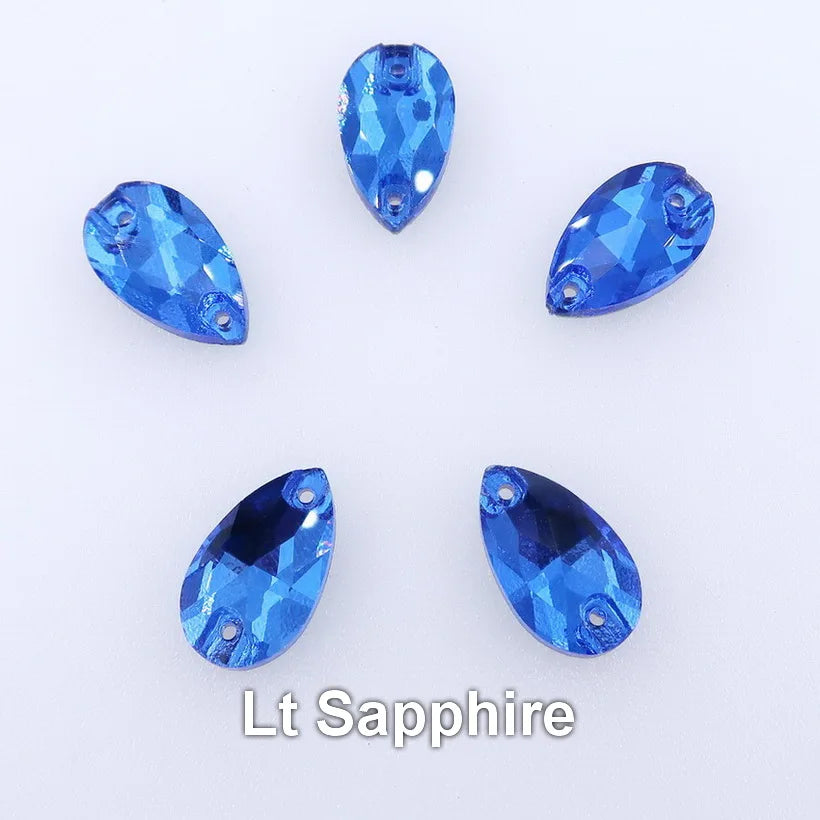 Slim waterdrop shape glass crystal Flatback with two holes 3 sizes colors mix sew on Crystal beads wedding dress diy trim