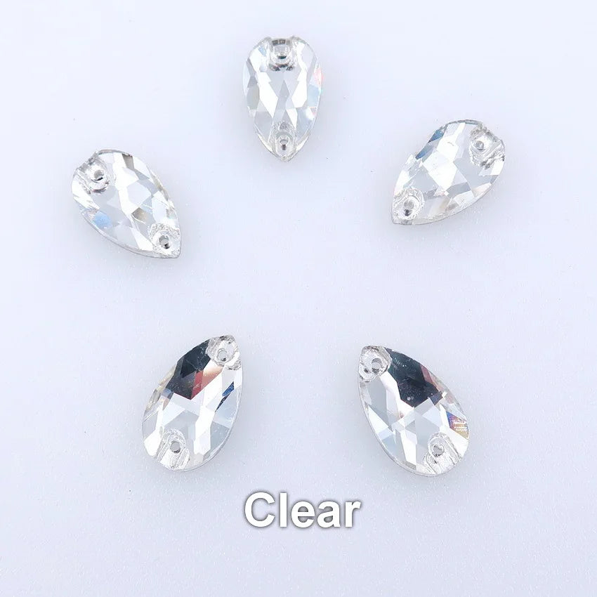 Slim waterdrop shape glass crystal Flatback with two holes 3 sizes colors mix sew on Crystal beads wedding dress diy trim