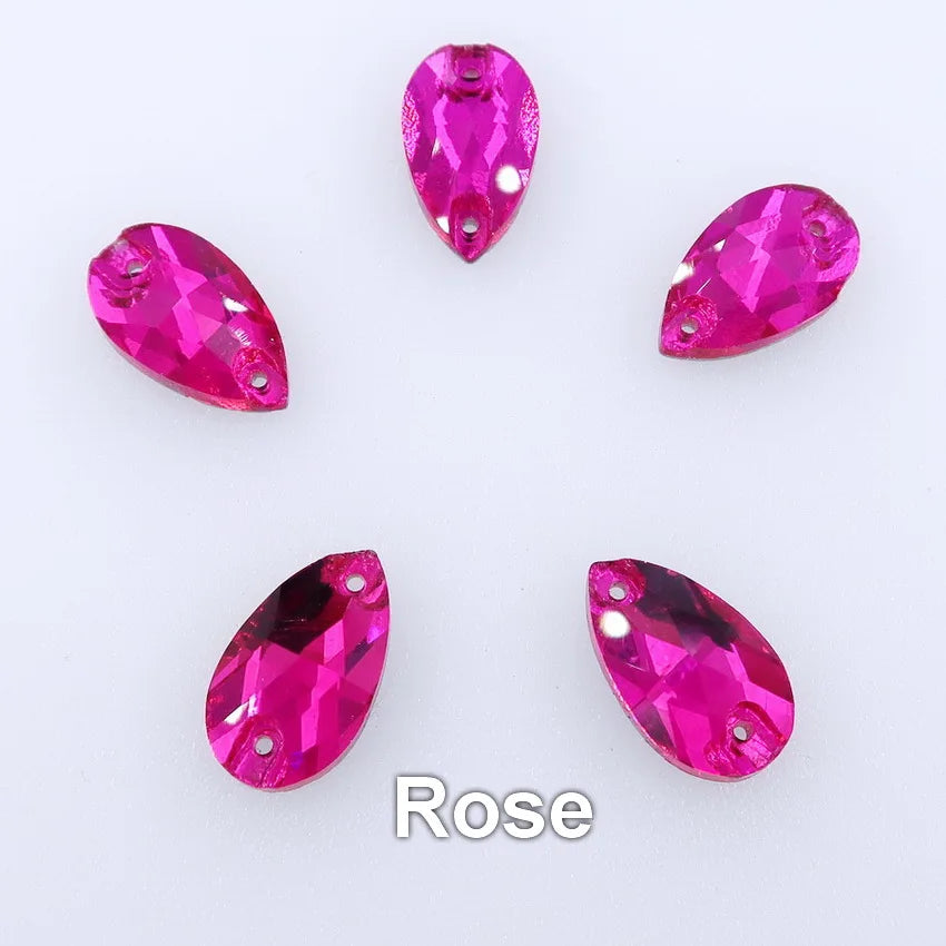 Slim waterdrop shape glass crystal Flatback with two holes 3 sizes colors mix sew on Crystal beads wedding dress diy trim