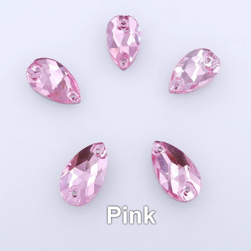 Slim waterdrop shape glass crystal Flatback with two holes 3 sizes colors mix sew on Crystal beads wedding dress diy trim