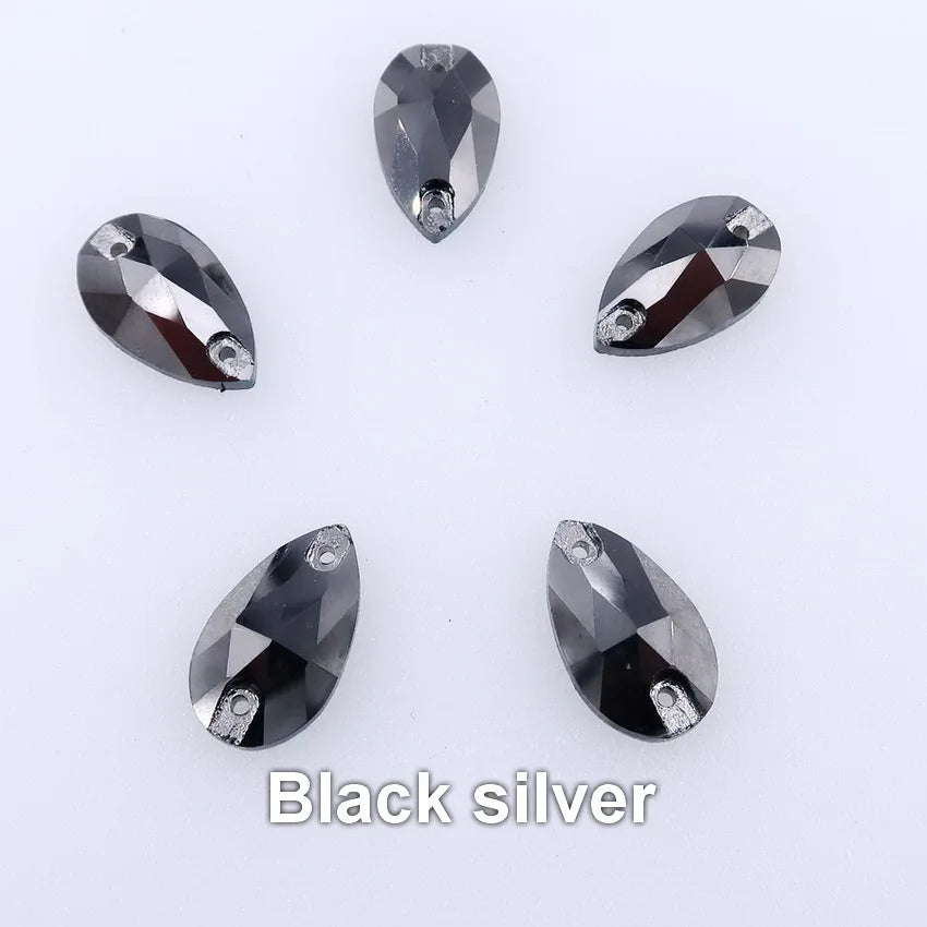 Slim waterdrop shape glass crystal Flatback with two holes 3 sizes colors mix sew on Crystal beads wedding dress diy trim