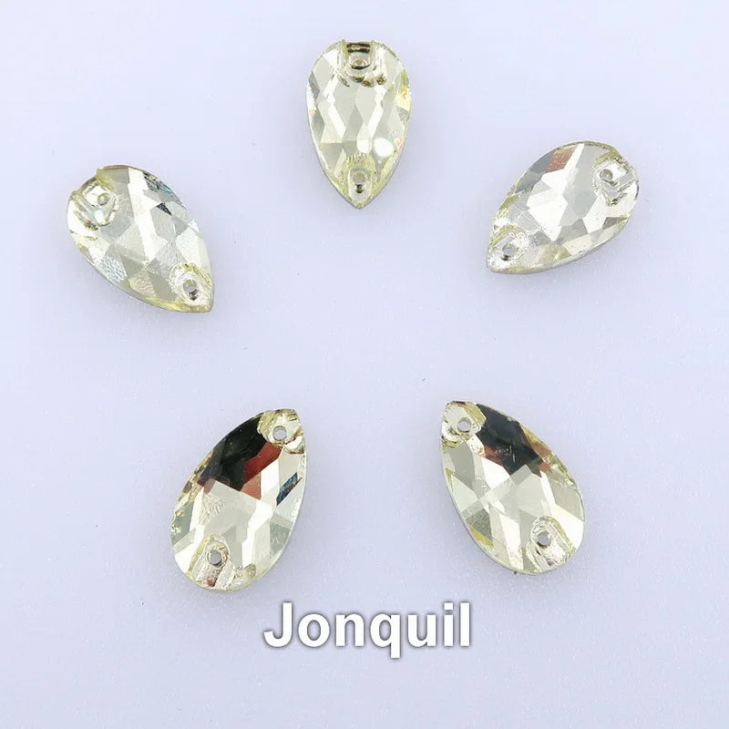 Slim waterdrop shape glass crystal Flatback with two holes 3 sizes colors mix sew on Crystal beads wedding dress diy trim