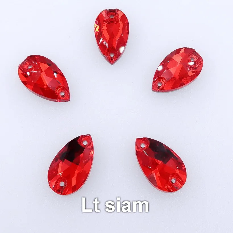 Slim waterdrop shape glass crystal Flatback with two holes 3 sizes colors mix sew on Crystal beads wedding dress diy trim