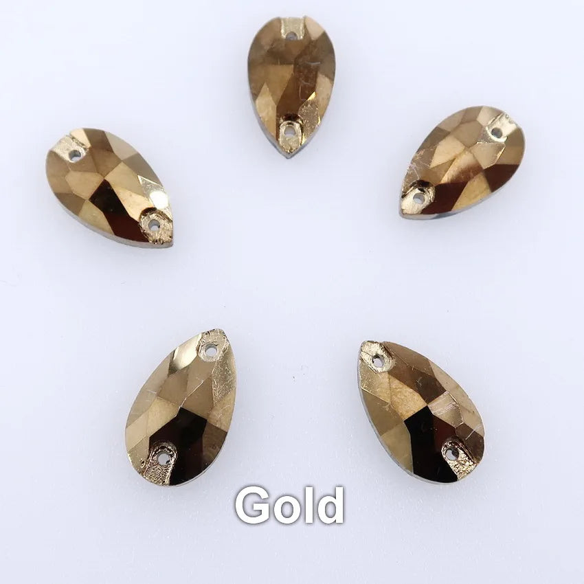 Slim waterdrop shape glass crystal Flatback with two holes 3 sizes colors mix sew on Crystal beads wedding dress diy trim