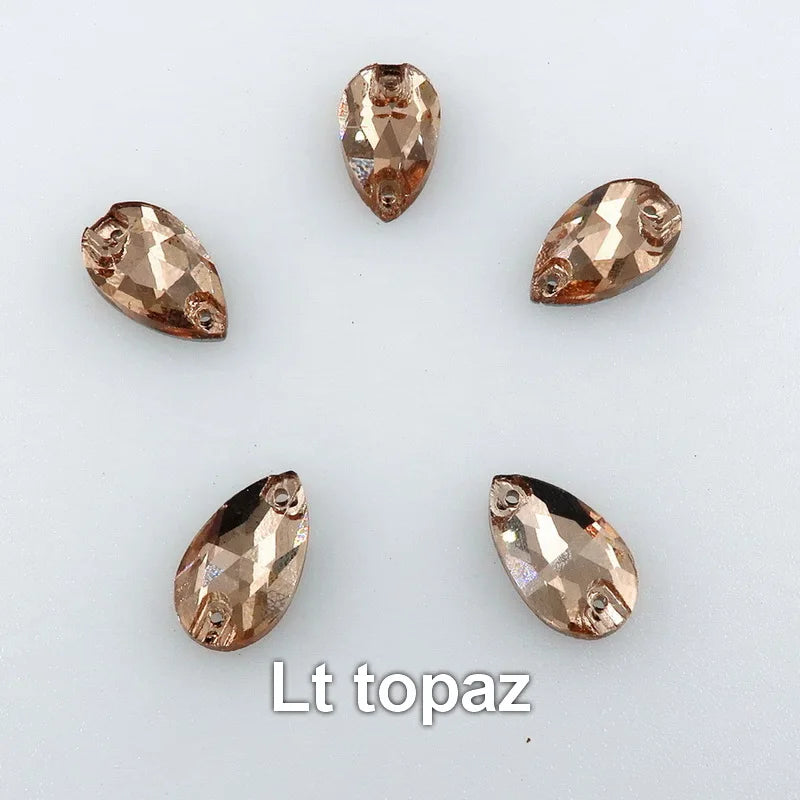 Slim waterdrop shape glass crystal Flatback with two holes 3 sizes colors mix sew on Crystal beads wedding dress diy trim