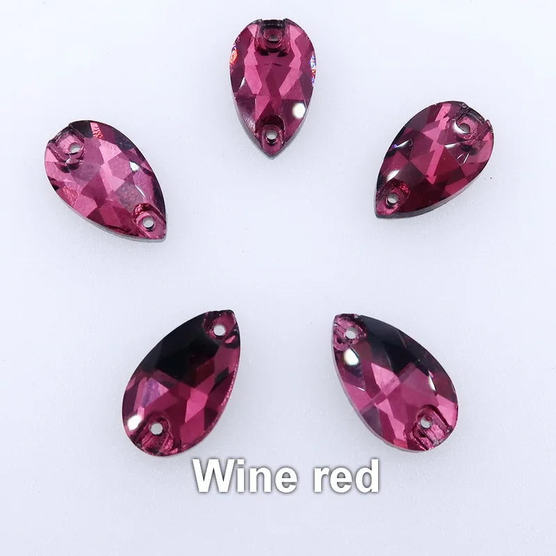 Slim waterdrop shape glass crystal Flatback with two holes 3 sizes colors mix sew on Crystal beads wedding dress diy trim