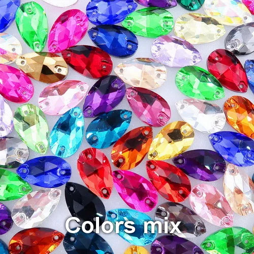 Slim waterdrop shape glass crystal Flatback with two holes 3 sizes colors mix sew on Crystal beads wedding dress diy trim