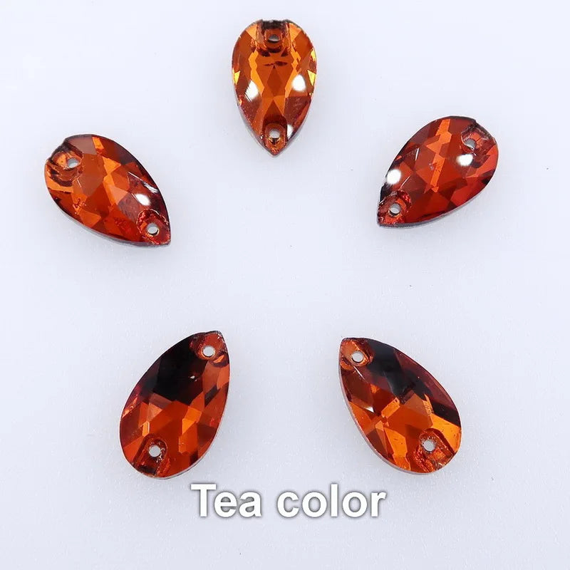 Slim waterdrop shape glass crystal Flatback with two holes 3 sizes colors mix sew on Crystal beads wedding dress diy trim