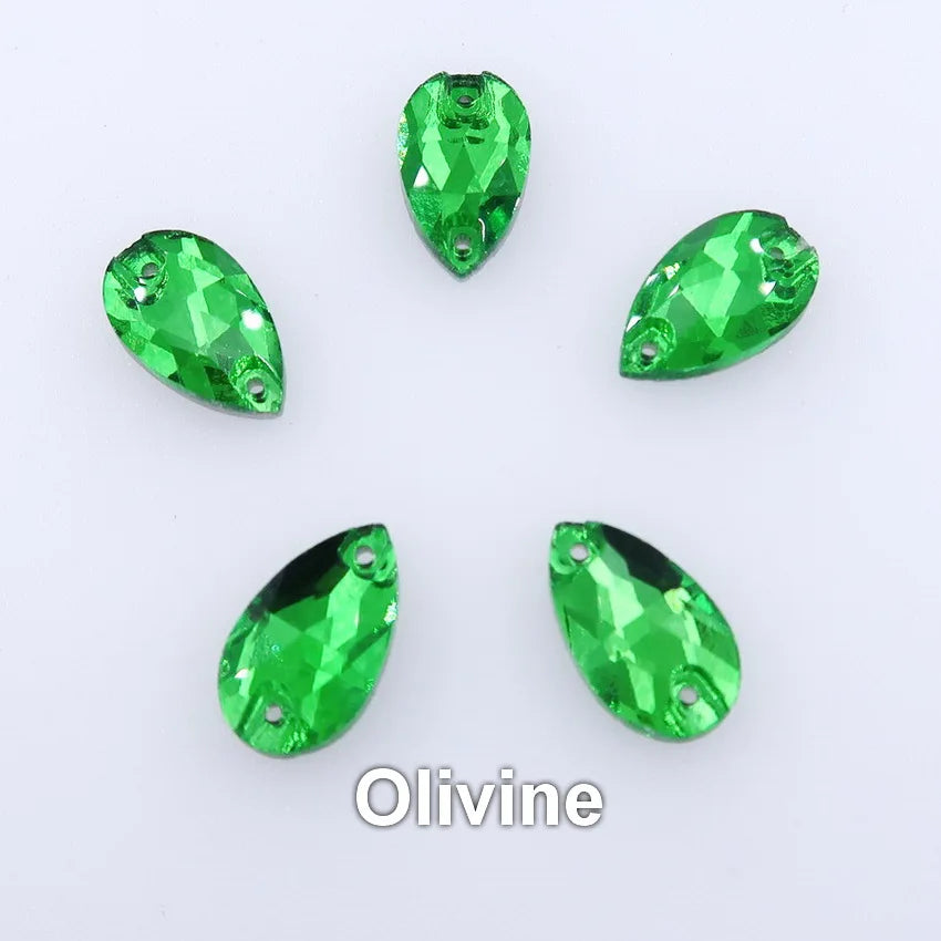 Slim waterdrop shape glass crystal Flatback with two holes 3 sizes colors mix sew on Crystal beads wedding dress diy trim