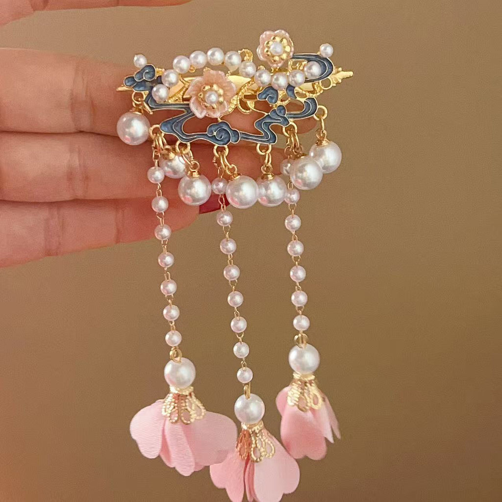 Antique Style Burned Blue Cloud Pearl Hairpin New Chinese Tassel Side Clip Advanced Sense Clip Hair Accessories Headwear Hair Clip