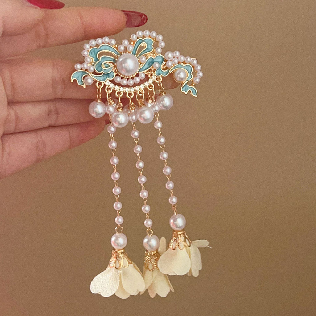 Antique Style Burned Blue Cloud Pearl Hairpin New Chinese Tassel Side Clip Advanced Sense Clip Hair Accessories Headwear Hair Clip