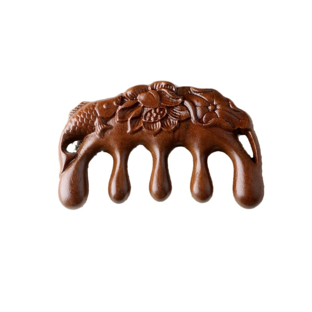 Golden silk sandalwood lotus fish carved massage comb scalp head massage wide tooth comb small comb solid wood comb meridian comb