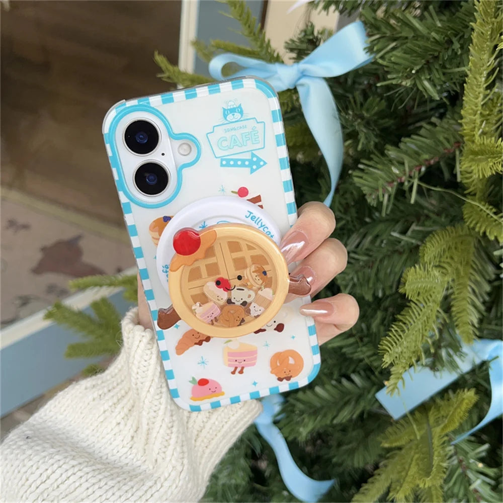 Cute Cartoon Cake Bread Magsafe Wireless Charge Case For iPhone 13 14 15 16 17Pro Max Plus 3d Funny Waffle Shake Magnetic Holder