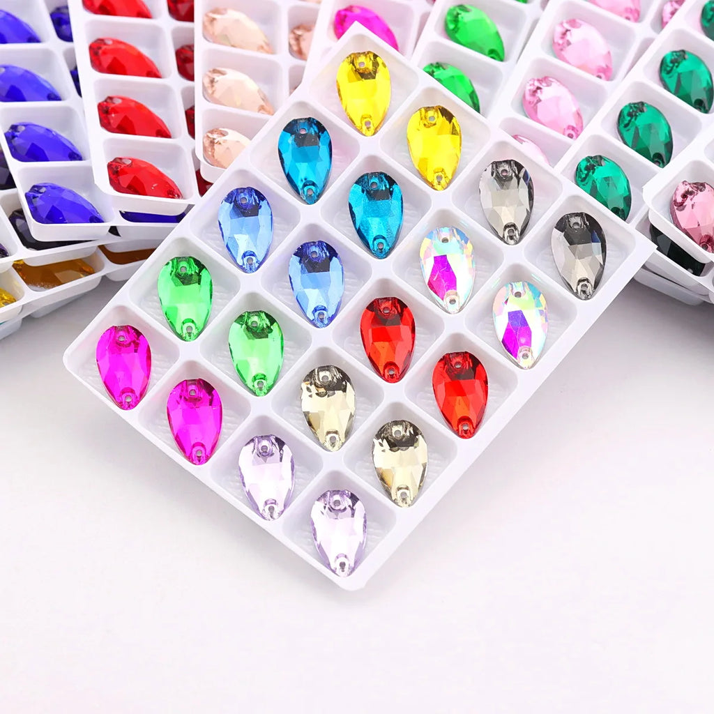 Slim waterdrop shape glass crystal Flatback with two holes 3 sizes colors mix sew on Crystal beads wedding dress diy trim