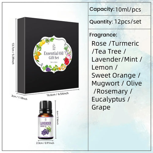 12pcs Skincare Essential Oil Set - Includes Lavender, Peppermint, Rose, Tea Tree, Orange, Lemon, etc. - Holiday Gift Set.
