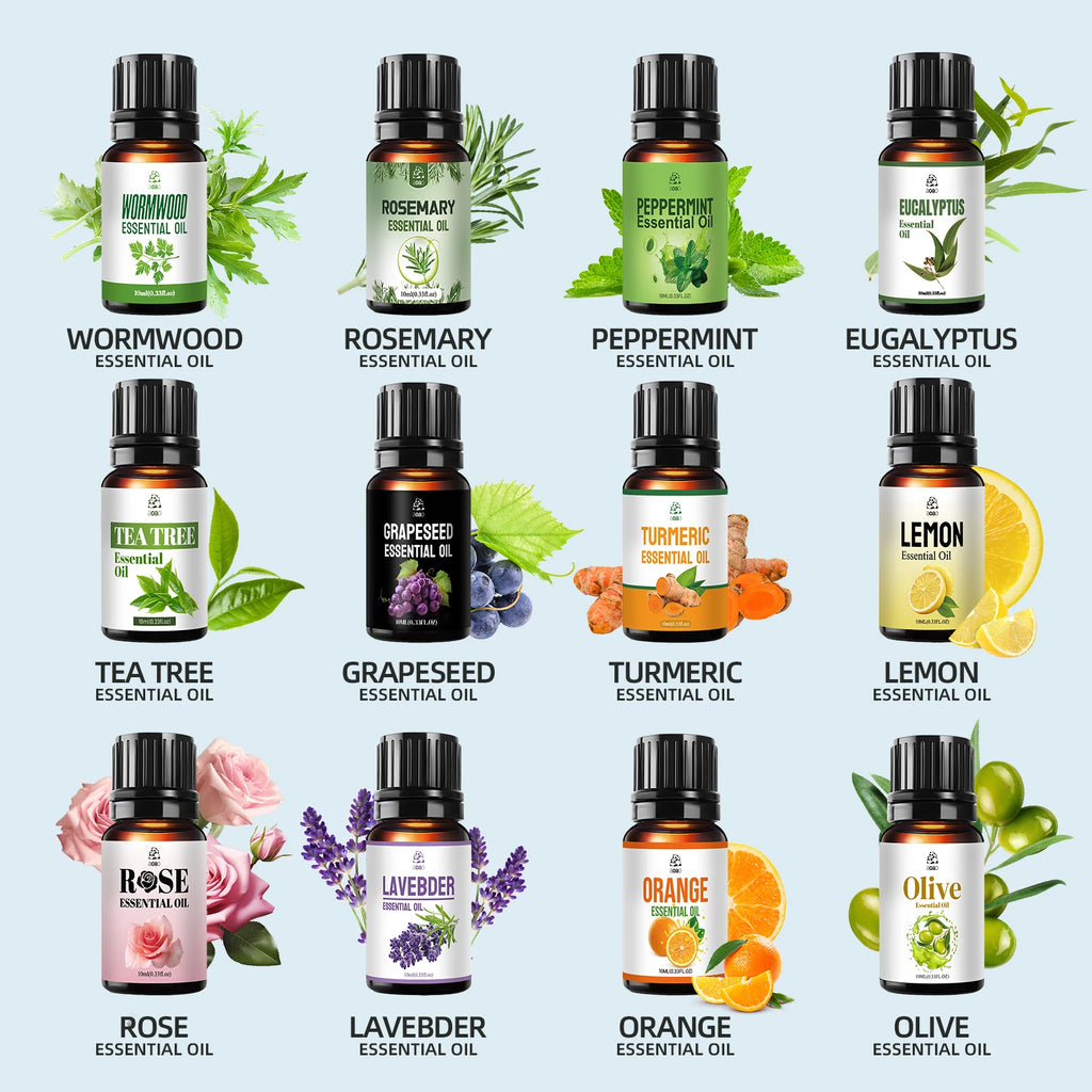 12pcs Skincare Essential Oil Set - Includes Lavender, Peppermint, Rose, Tea Tree, Orange, Lemon, etc. - Holiday Gift Set.