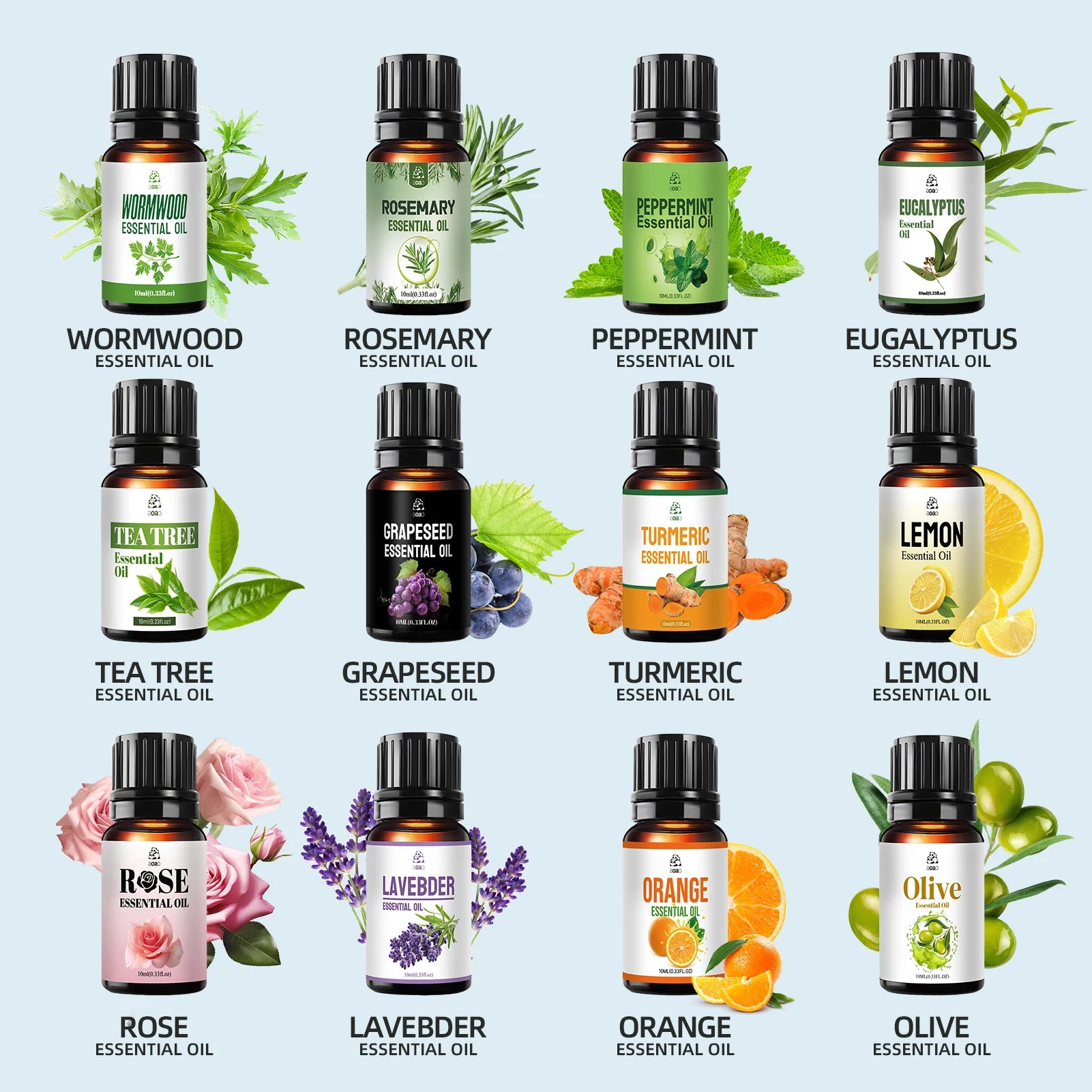 12pcs Skincare Essential Oil Set - Includes Lavender, Peppermint, Rose, Tea Tree, Orange, Lemon, etc. - Holiday Gift Set.