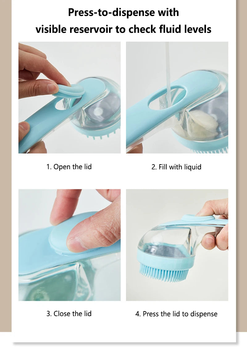 Pet Bath Brush with Shampoo Dispenser for Dogs & Cats, Ergonomic Handle, Gentle Massage Grooming Tool, Easy to Use, Essential Do