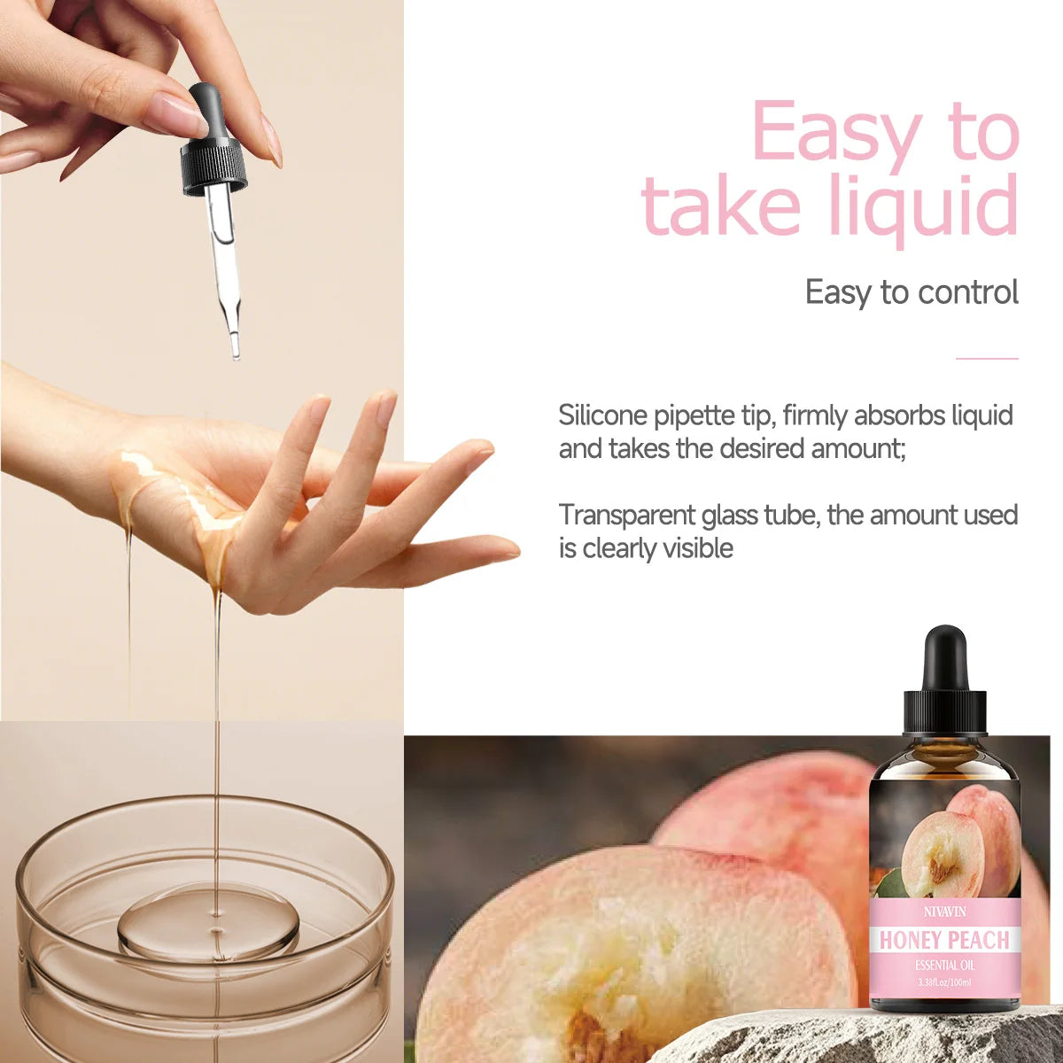 30ml/60ml/100ml peach essential oil is suitable for facial hydration, moisturizing, hair care, skin care, and perfume making
