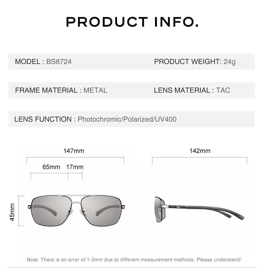 CAPONI Photochromic Men's Sunglasses Polarized Classic Brand Design Anti Ray Shades Driving Square Sun Glasses Men UV400 BS8724