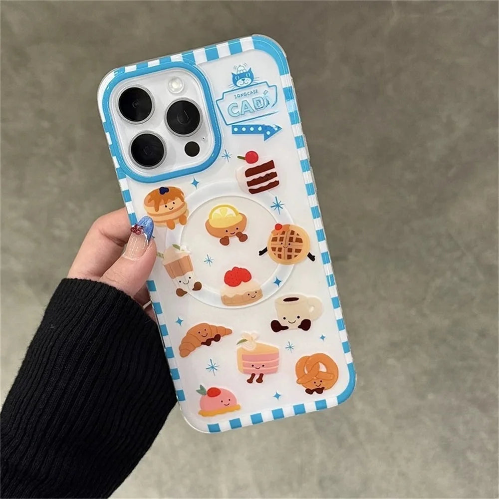 Cute Cartoon Cake Bread Magsafe Wireless Charge Case For iPhone 13 14 15 16 17Pro Max Plus 3d Funny Waffle Shake Magnetic Holder