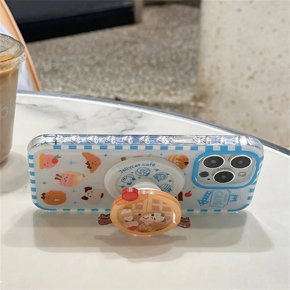 Cute Cartoon Cake Bread Magsafe Wireless Charge Case For iPhone 13 14 15 16 17Pro Max Plus 3d Funny Waffle Shake Magnetic Holder
