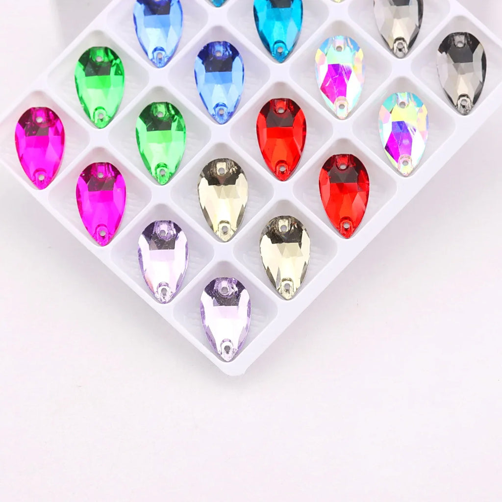 Slim waterdrop shape glass crystal Flatback with two holes 3 sizes colors mix sew on Crystal beads wedding dress diy trim