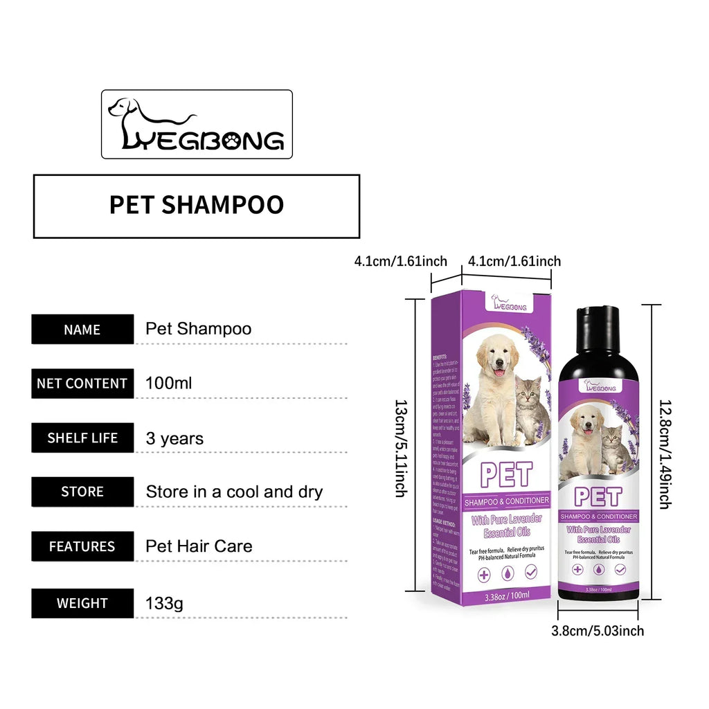 Pet Shampoo and Conditioner with Pure Lavender Essential Oils Tear Free Formula for Dogs andCats pH Balanced Gentle Groom 100ml