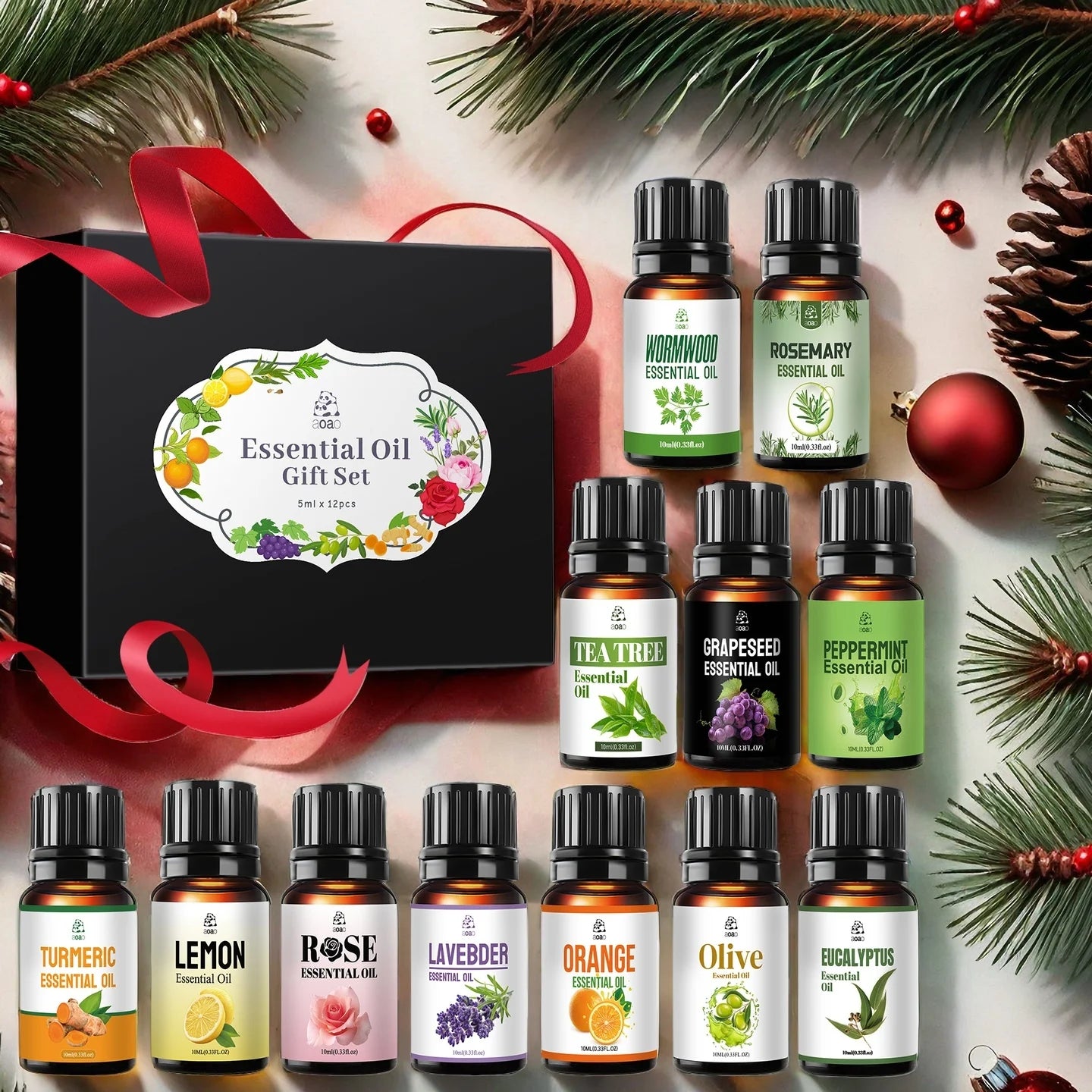 12pcs Skincare Essential Oil Set - Includes Lavender, Peppermint, Rose, Tea Tree, Orange, Lemon, etc. - Holiday Gift Set.