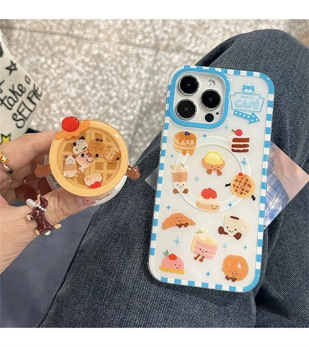 Cute Cartoon Cake Bread Magsafe Wireless Charge Case For iPhone 13 14 15 16 17Pro Max Plus 3d Funny Waffle Shake Magnetic Holder