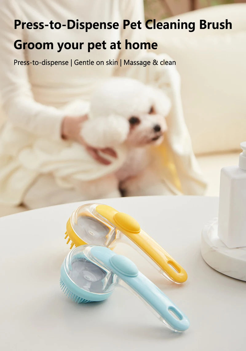 Pet Bath Brush with Shampoo Dispenser for Dogs & Cats, Ergonomic Handle, Gentle Massage Grooming Tool, Easy to Use, Essential Do