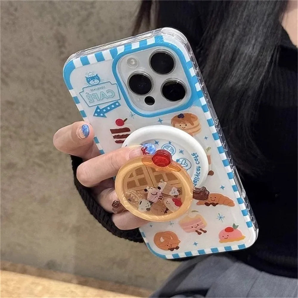 Cute Cartoon Cake Bread Magsafe Wireless Charge Case For iPhone 13 14 15 16 17Pro Max Plus 3d Funny Waffle Shake Magnetic Holder