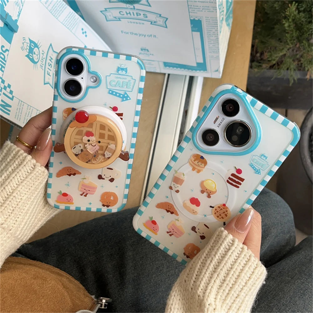 Cute Cartoon Cake Bread Magsafe Wireless Charge Case For iPhone 13 14 15 16 17Pro Max Plus 3d Funny Waffle Shake Magnetic Holder