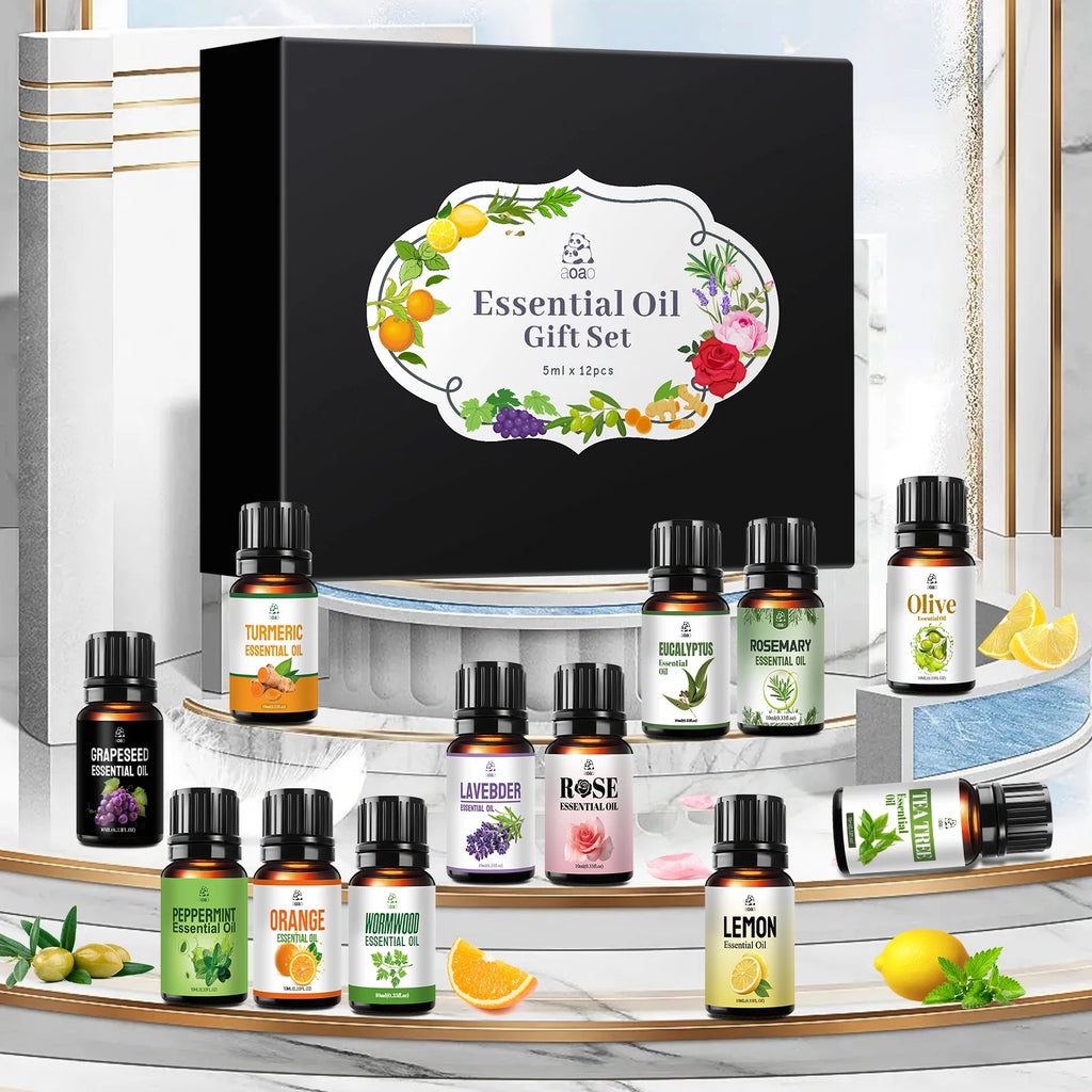 12pcs Skincare Essential Oil Set - Includes Lavender, Peppermint, Rose, Tea Tree, Orange, Lemon, etc. - Holiday Gift Set.