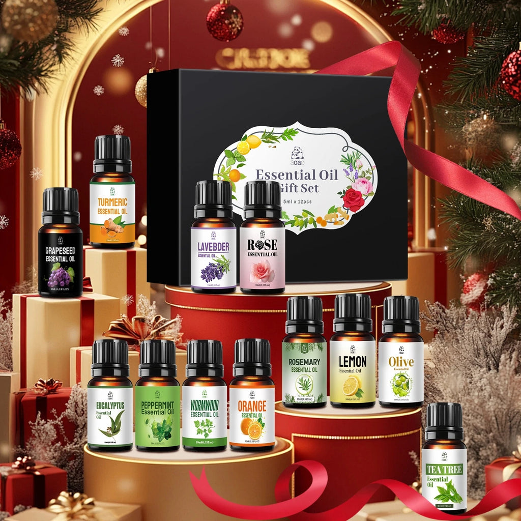 12pcs Skincare Essential Oil Set - Includes Lavender, Peppermint, Rose, Tea Tree, Orange, Lemon, etc. - Holiday Gift Set.