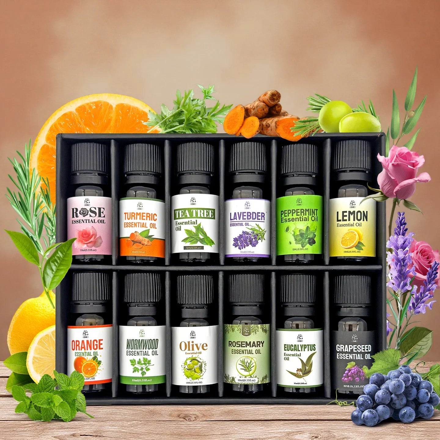 12pcs Skincare Essential Oil Set - Includes Lavender, Peppermint, Rose, Tea Tree, Orange, Lemon, etc. - Holiday Gift Set.